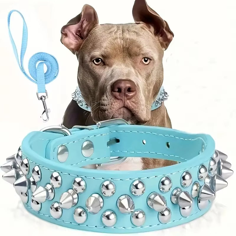 Spiked Dog Collar and Leash Set, Rivet Leather Dog Collar Adjustable