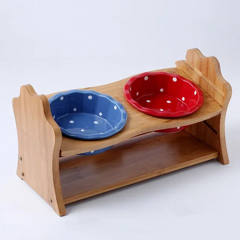 Cute Dog Accessories High-End Pet Bowl Bamboo Shelf Ceramic