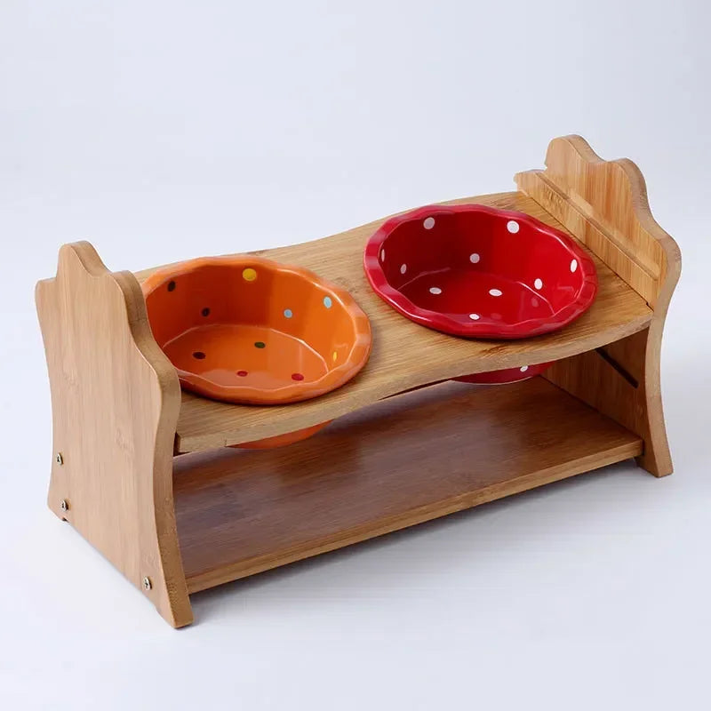 Cute Dog Accessories High-End Pet Bowl Bamboo Shelf Ceramic