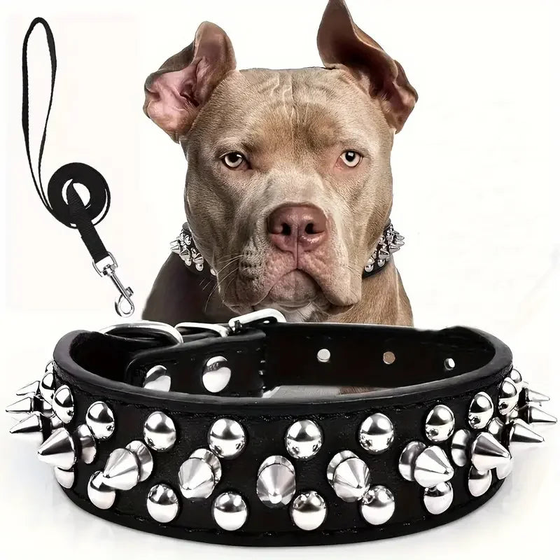 Spiked Dog Collar and Leash Set, Rivet Leather Dog Collar Adjustable