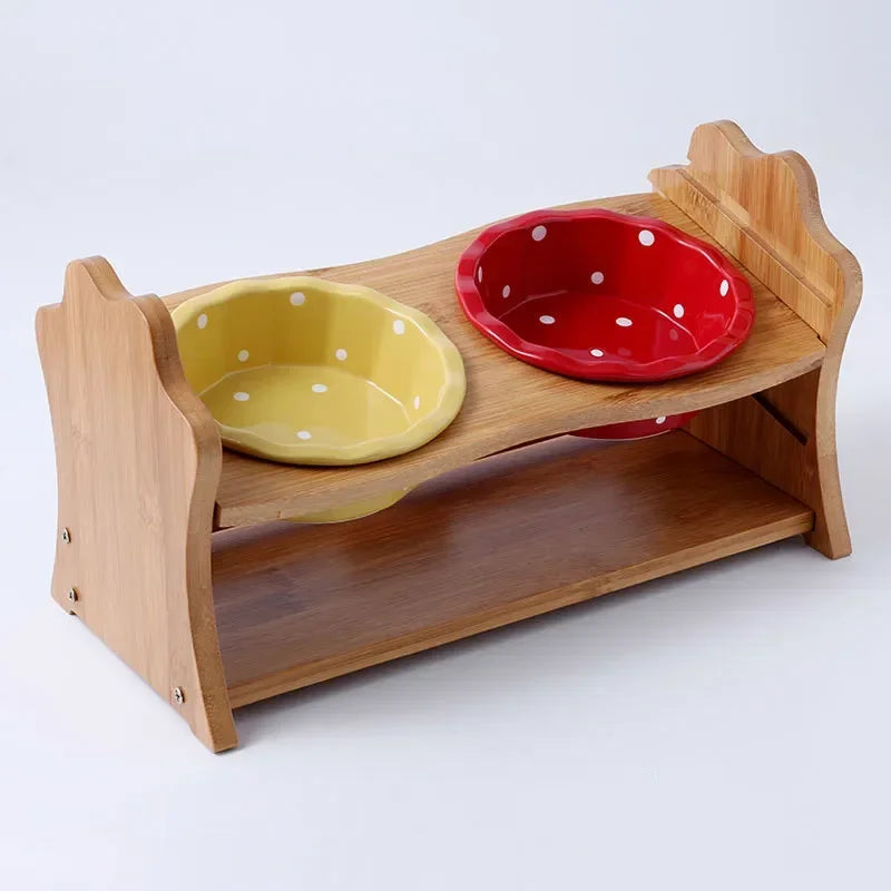 Cute Dog Accessories High-End Pet Bowl Bamboo Shelf Ceramic