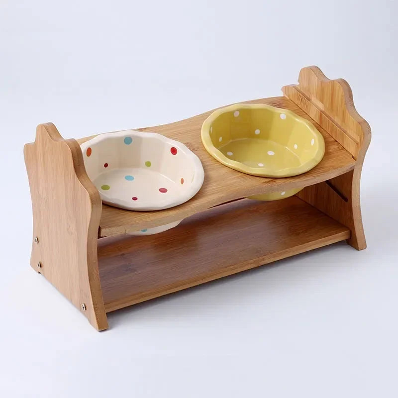 Cute Dog Accessories High-End Pet Bowl Bamboo Shelf Ceramic