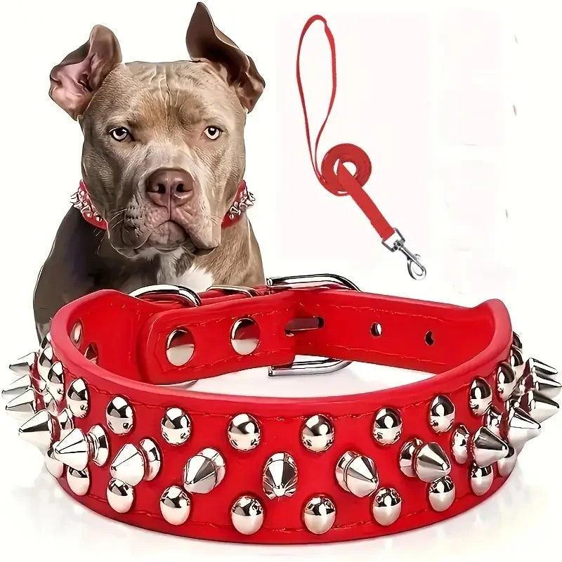 Spiked Dog Collar and Leash Set, Rivet Leather Dog Collar Adjustable