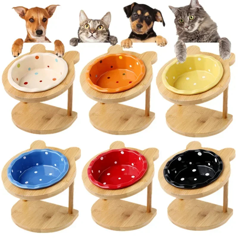 Cute Dog Accessories High-End Pet Bowl Bamboo Shelf Ceramic