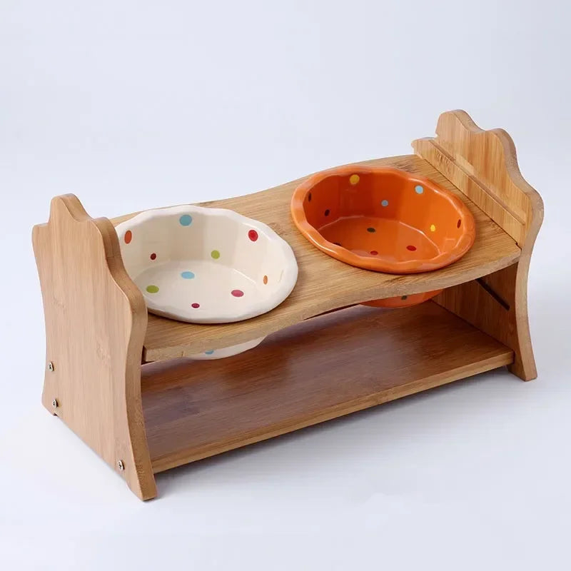 Cute Dog Accessories High-End Pet Bowl Bamboo Shelf Ceramic