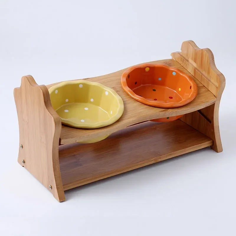 Cute Dog Accessories High-End Pet Bowl Bamboo Shelf Ceramic