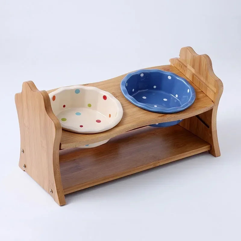 Cute Dog Accessories High-End Pet Bowl Bamboo Shelf Ceramic