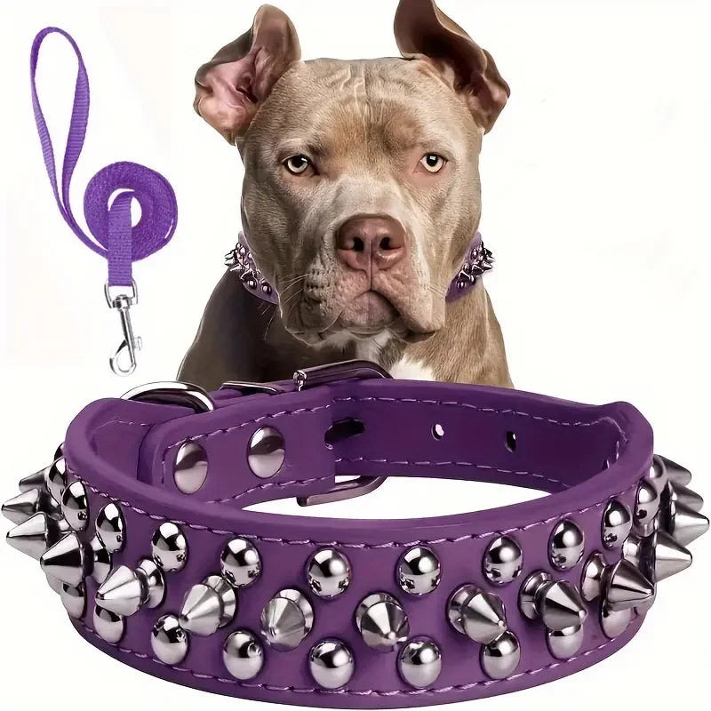 Spiked Dog Collar and Leash Set, Rivet Leather Dog Collar Adjustable