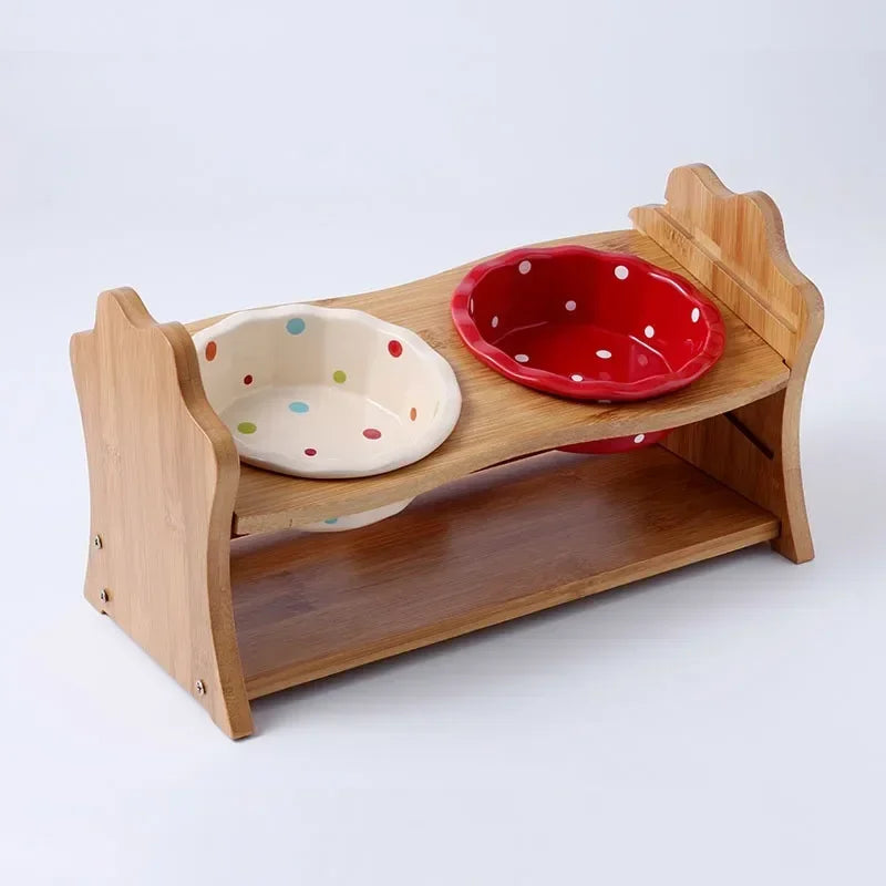 Cute Dog Accessories High-End Pet Bowl Bamboo Shelf Ceramic