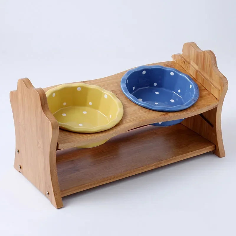 Cute Dog Accessories High-End Pet Bowl Bamboo Shelf Ceramic